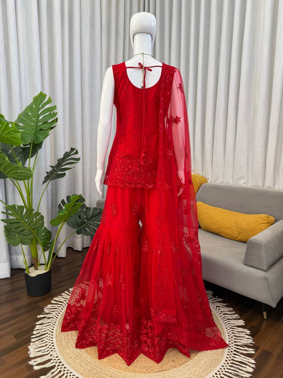 Red Embroidered Net Sharara Suit Set With Sleeveless Top And Dupatta