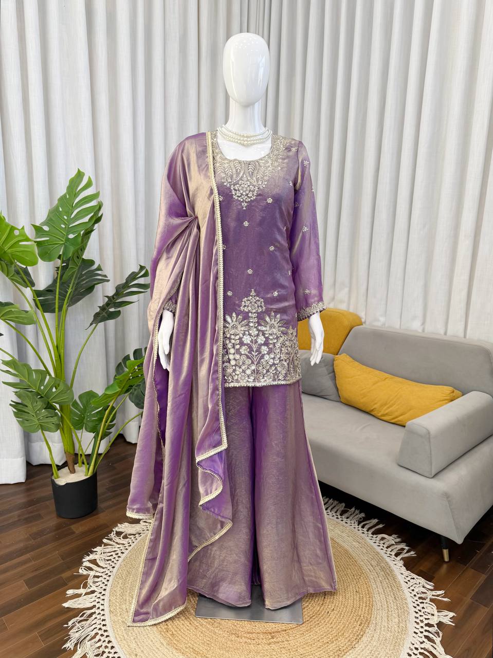 Lavender Silk Plazzo Suit With Heavy Zari And Sequins Embroidery