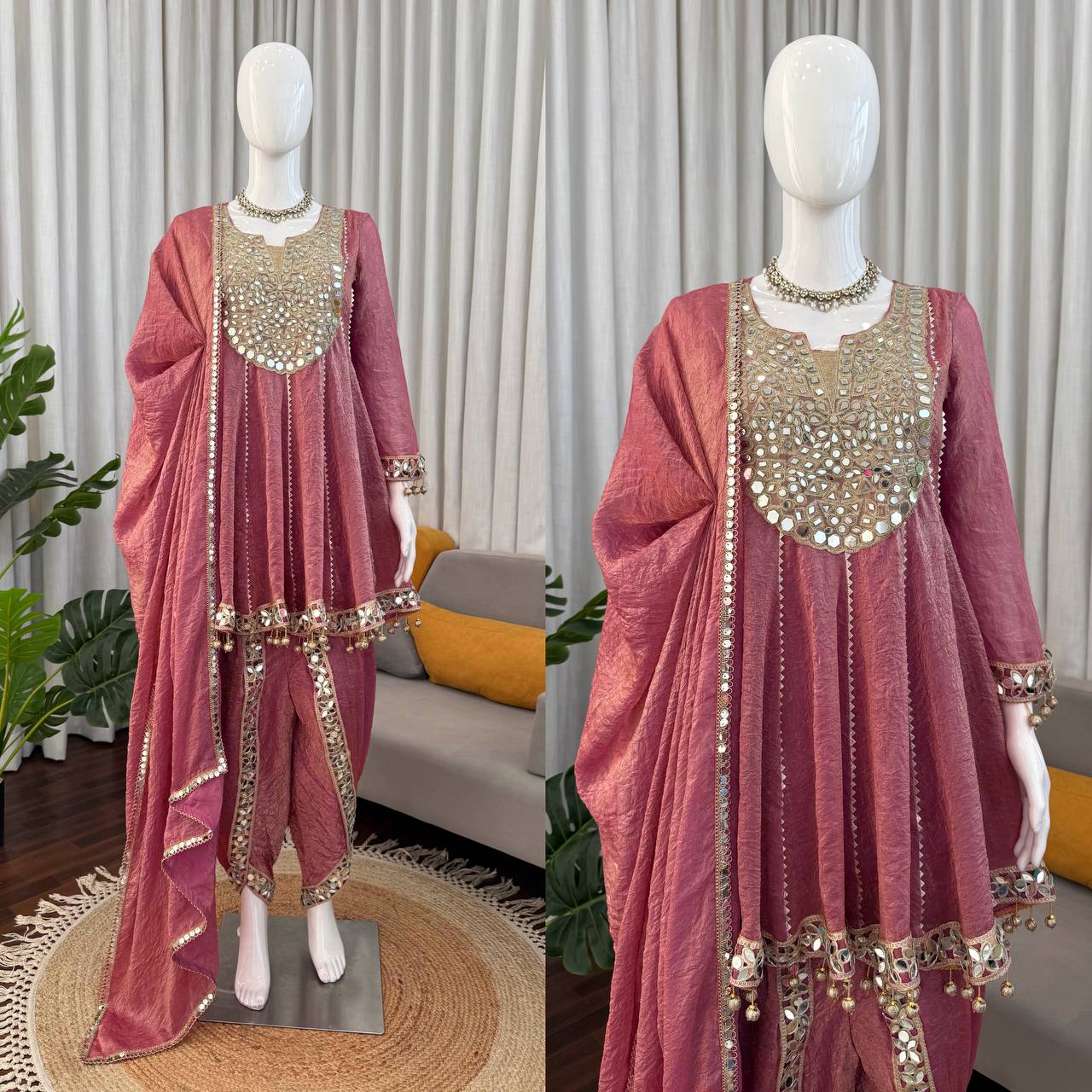 Rose Pink Mirror Work Short Anarkali Kurta With Dhoti Style Pants And Dupatta Set