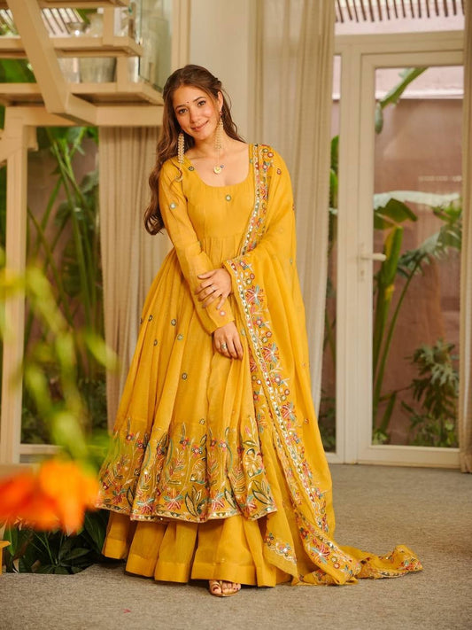 Yellow Embroidered Anarkali Suit With Floral Dupatta And Plazzo
