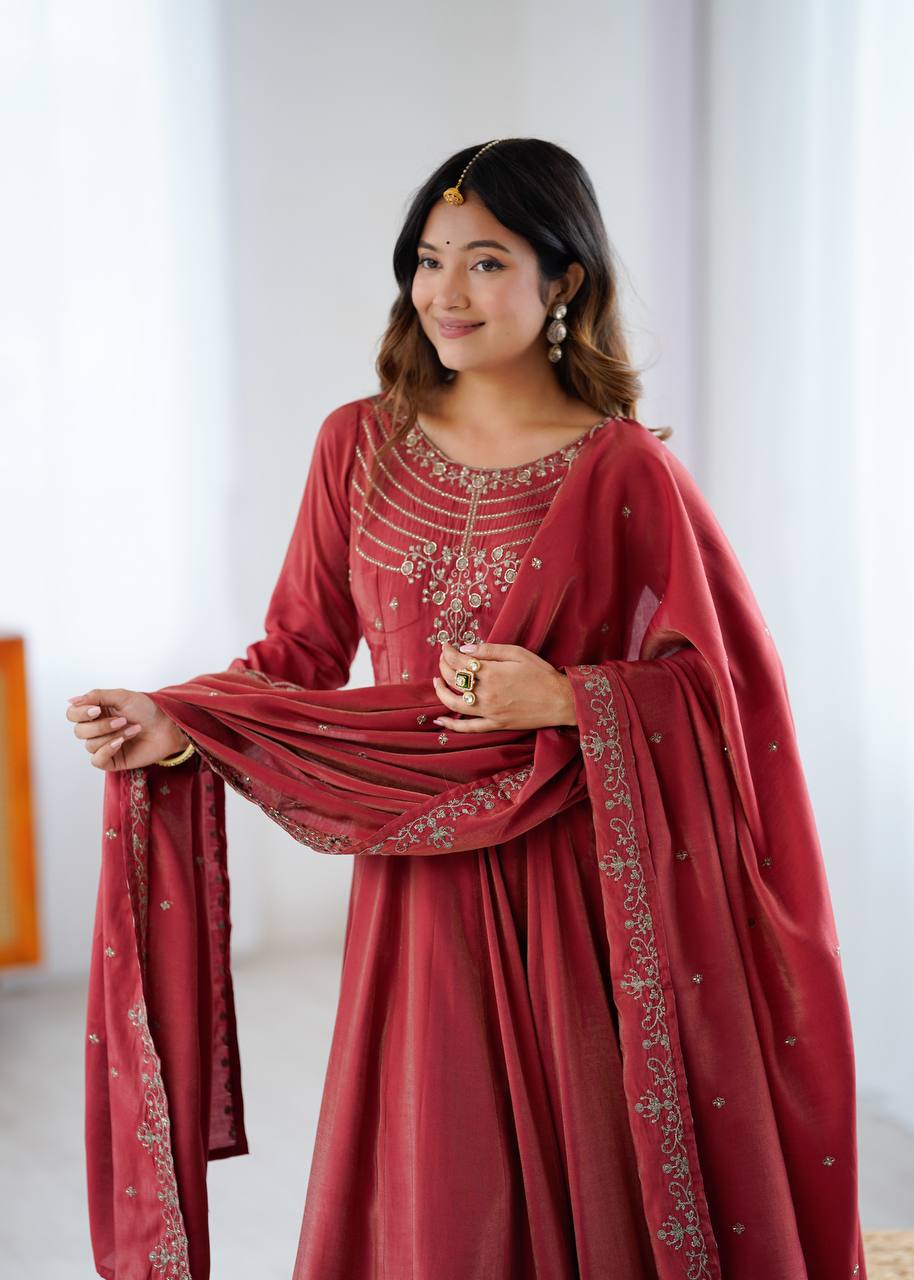 Designer Maroon Anarkali Suit With Embroidered Dupatta