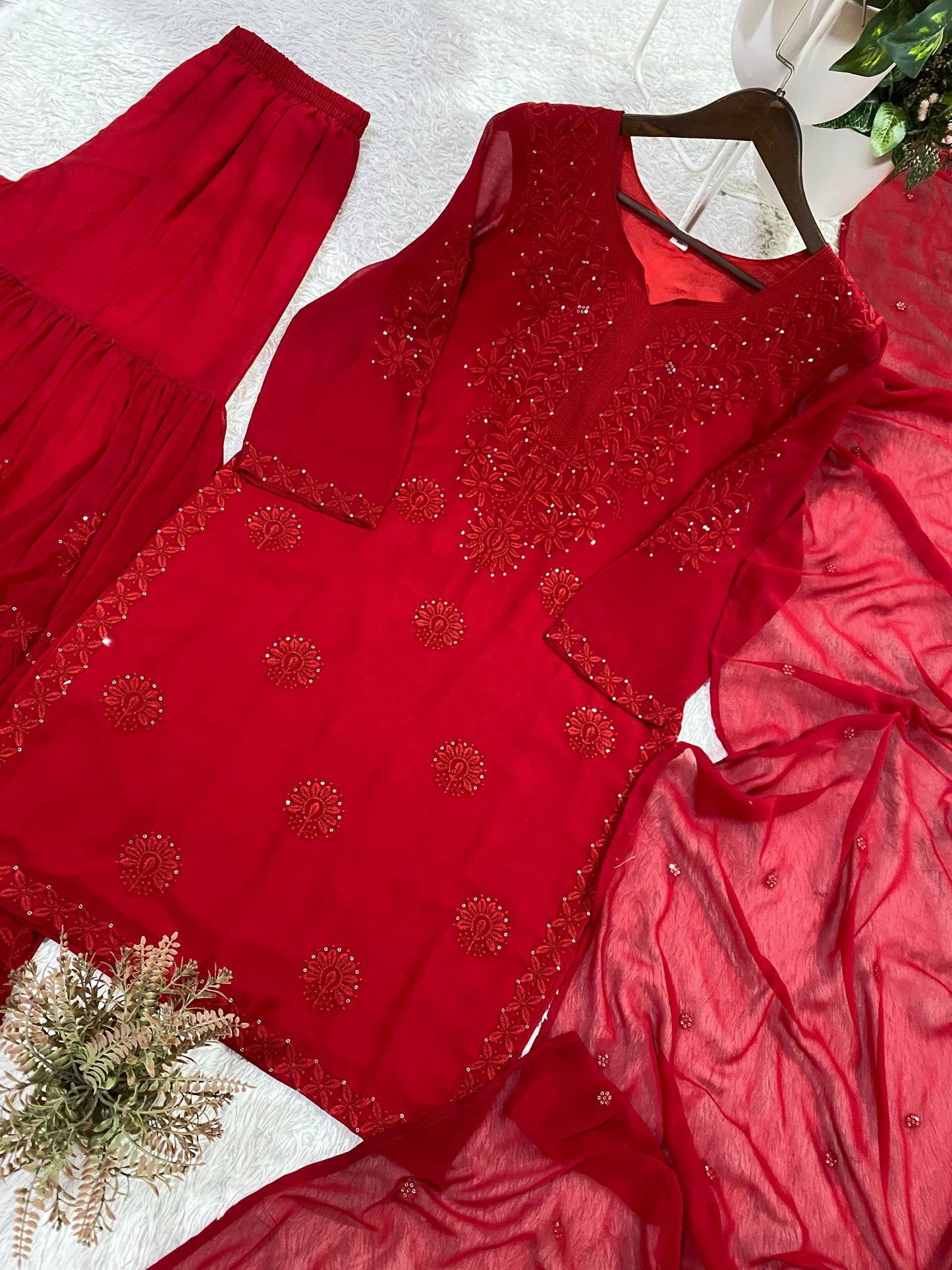 Red Sharara Suit With Embroidery Work And Dupatta
