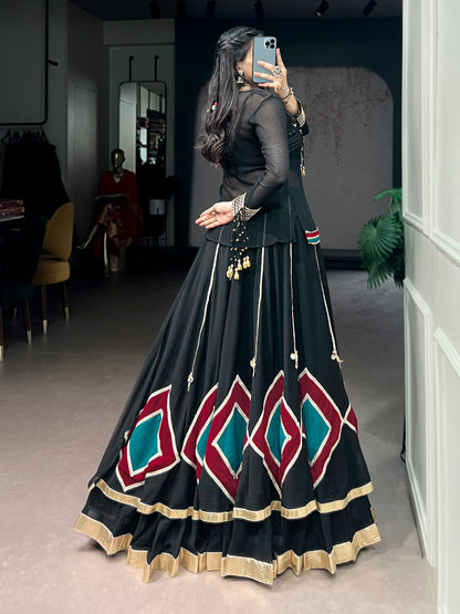 Black 7 Meter Flair Lehenga Set With Mirror Work Blouse