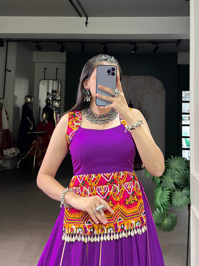 Purple Gamthi Work Rayon Lehenga With Cowrie Lace Blouse