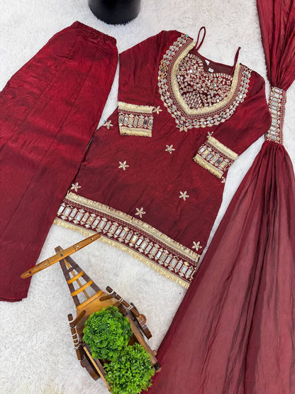Maroon Silk Sharara Suit With Real Mirror Work And Gold Lace Work