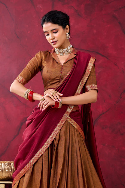 Antique Gold Narayan Pet With Maroon Dupatta And Zari Border