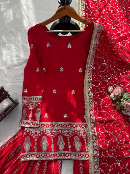 Red Sharara Suit With Gold Embroidery And Matching Dupatta 🎀