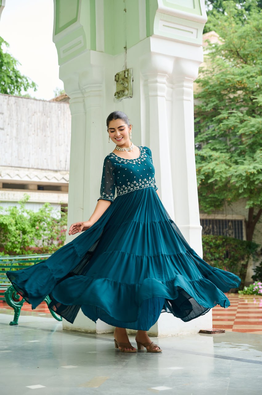Embroidered Georgette Anarkali Gown Set With Sequins Work And Tiered Flair