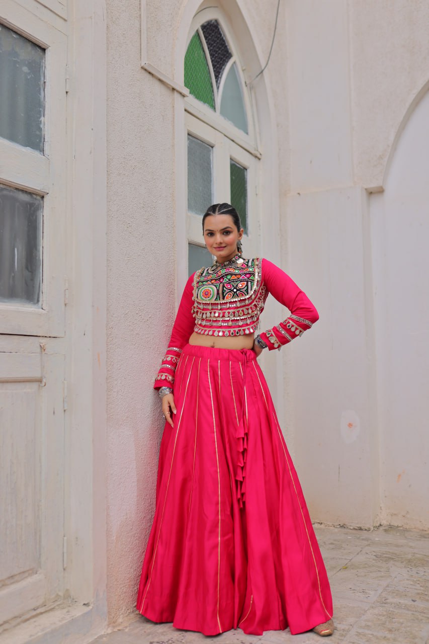 Designer Lehenga With Kutchi Gamthi Embroidered Blouse And Mirror Work