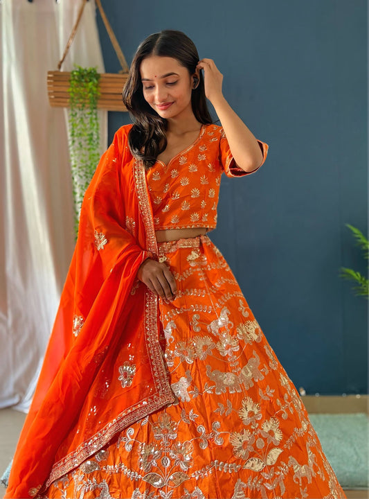 Kesari Orange Embroidered Lehenga Choli Set With Dupatta