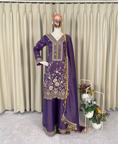 Elegant Embroidery And Mirror Work Sharara Suit With Dupatta
