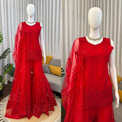 Red Embroidered Net Sharara Suit Set With Sleeveless Top And Dupatta