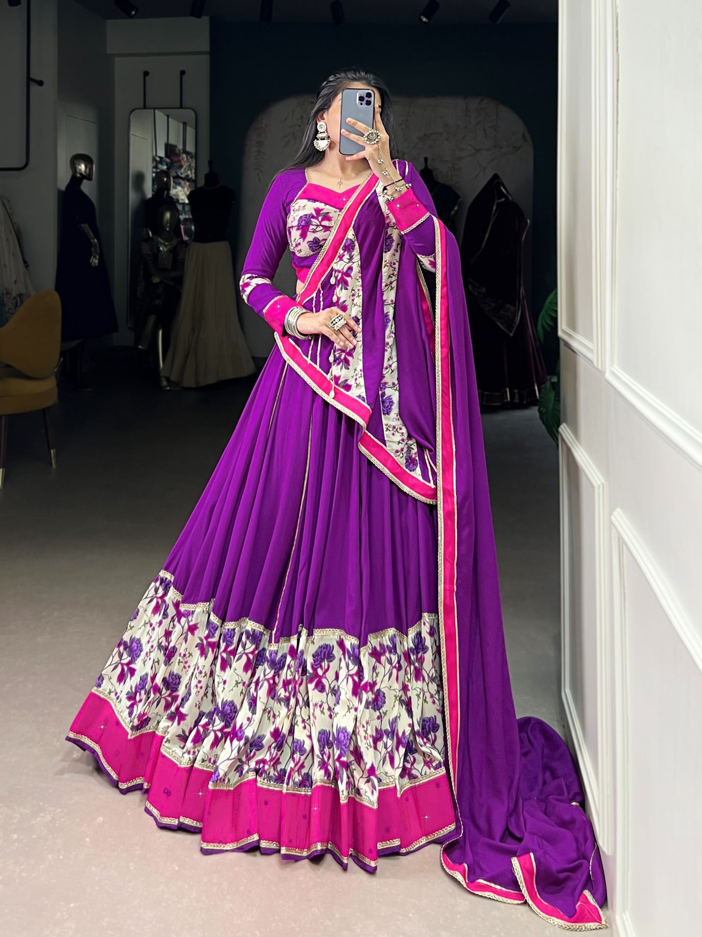 7 Meter Flair Purple Pink Floral Border Lehenga Choli With Printed Patchwork