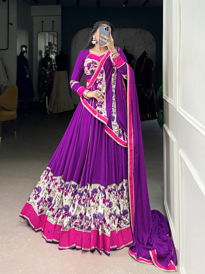 7 Meter Flair Purple Pink Floral Border Lehenga Choli With Printed Patchwork