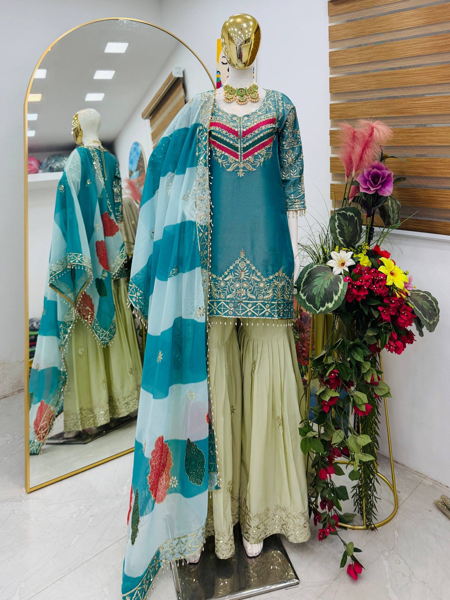 Embroidered Kurta Sharara Set With Printed Tassel Dupatta