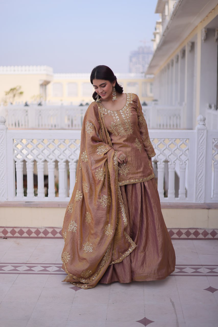 Embroidered Kurta Sharara Set with Zari Work And Dupatta