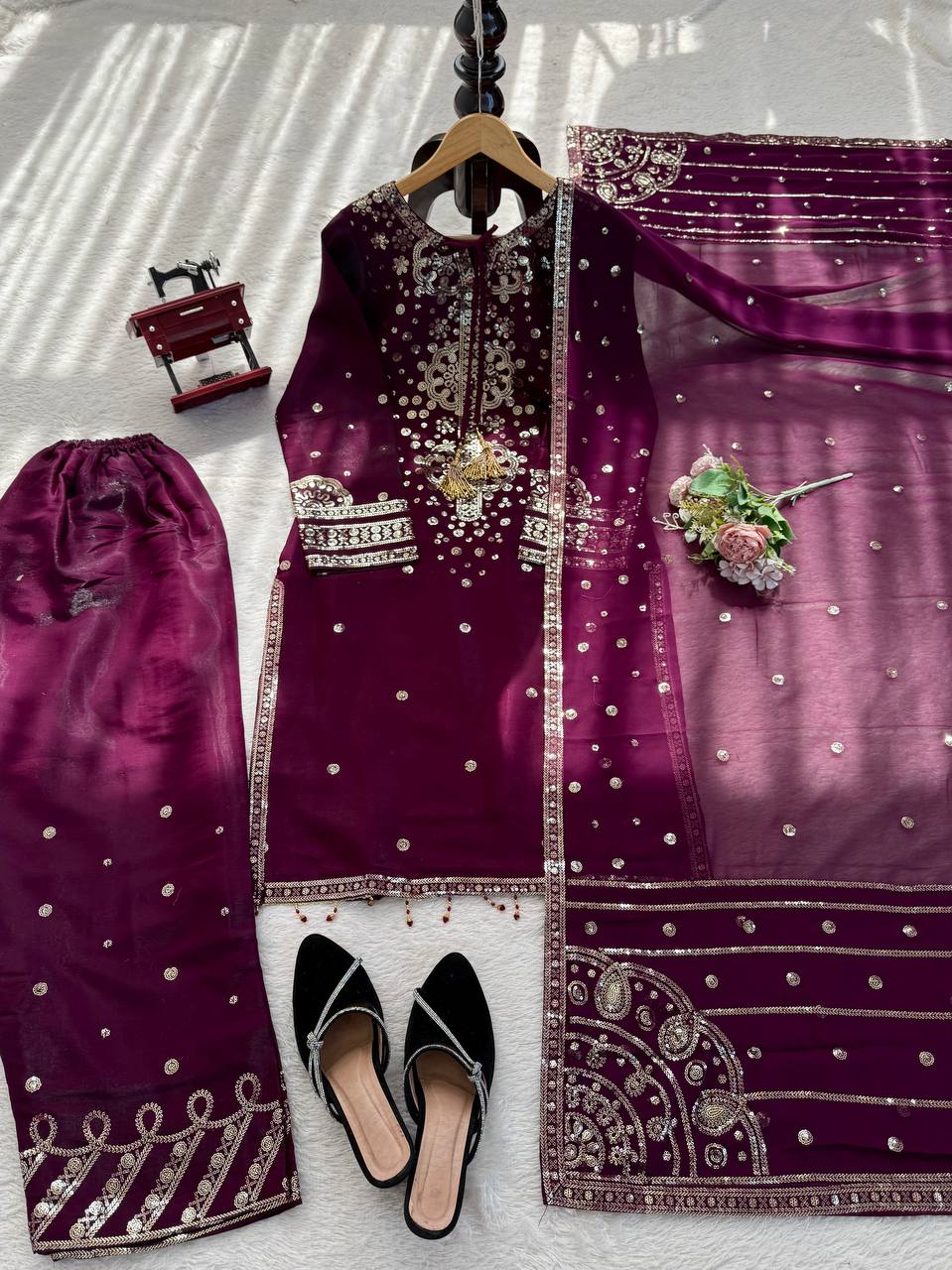 Wine Embroidered Straight Suit Set With Sequin Dupatta