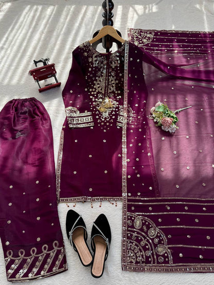 Wine Embroidered Straight Suit Set With Sequin Dupatta