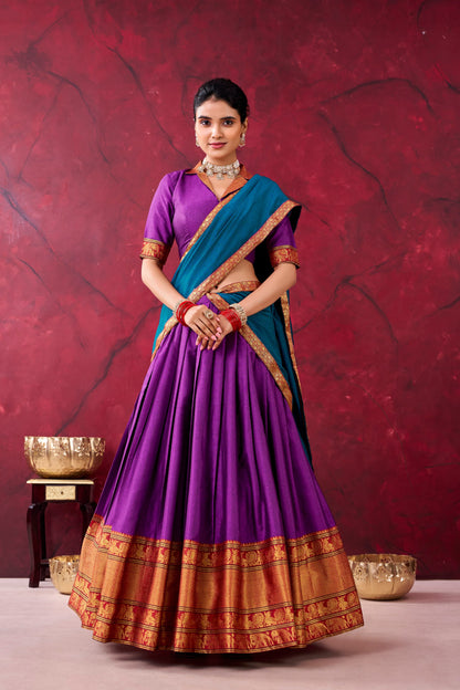Royal Purple Narayan Pet With Teal Blue Dupatta And Zari Border