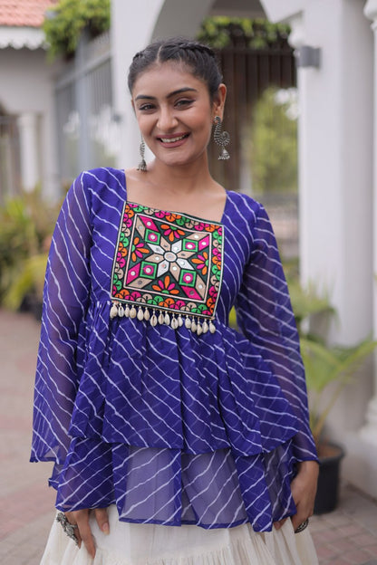 12 Meter Layered Flared Lehenga Choli With Kutchi Mirror Work And Leheriya Ruffle Top