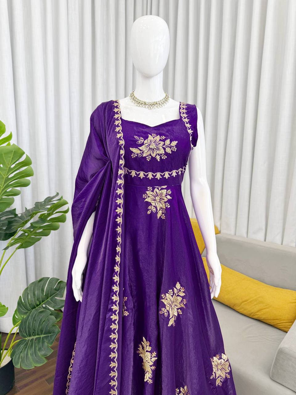 Floral Embroidered Sleeveless Anarkali Gown With Dupatta Set