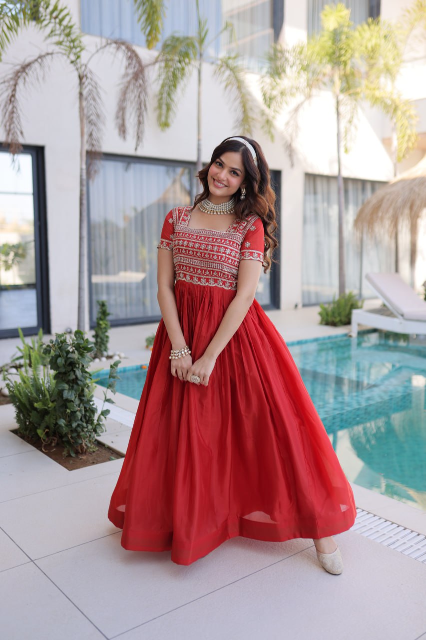 Red Silk Anarkali Gown With Heavy Zari Embroidered