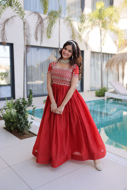 Red Silk Anarkali Gown With Heavy Zari Embroidered