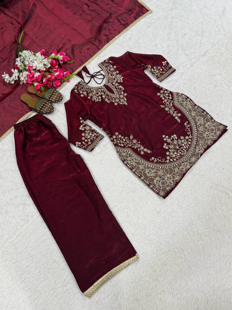 Wine Palazzo Suit With Silver Embroidery