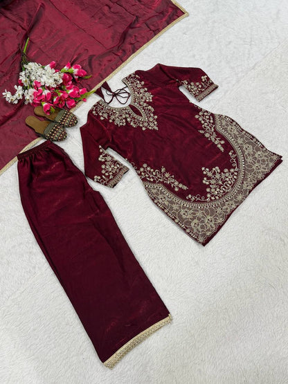 Wine Palazzo Suit With Silver Embroidery