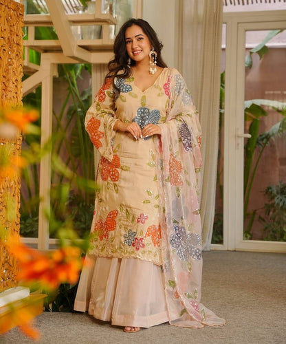 Cream Multicolor Floral Sequin Embroidered Sharara Suit Set