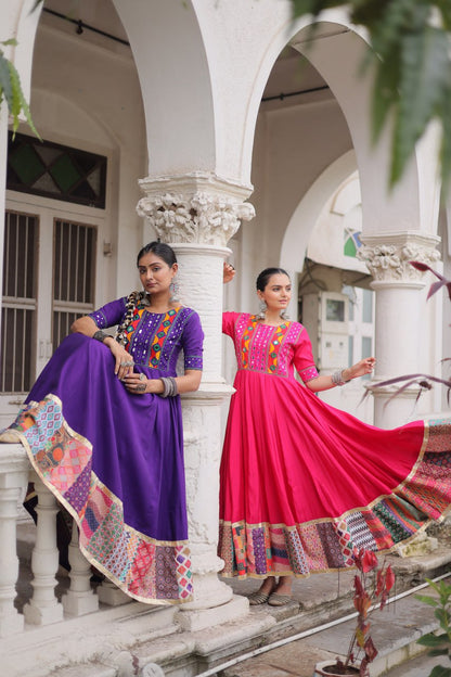 Gamthi Mirror Work Anarkali Gown With Multicolor Kutchi Patch Border