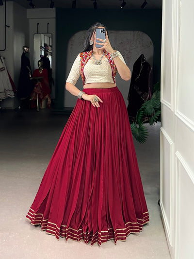 ELEGANT MAROON PLEATED LEHENGA WITH CREAM BLOUSE AND MIRROR-WORK JACKET