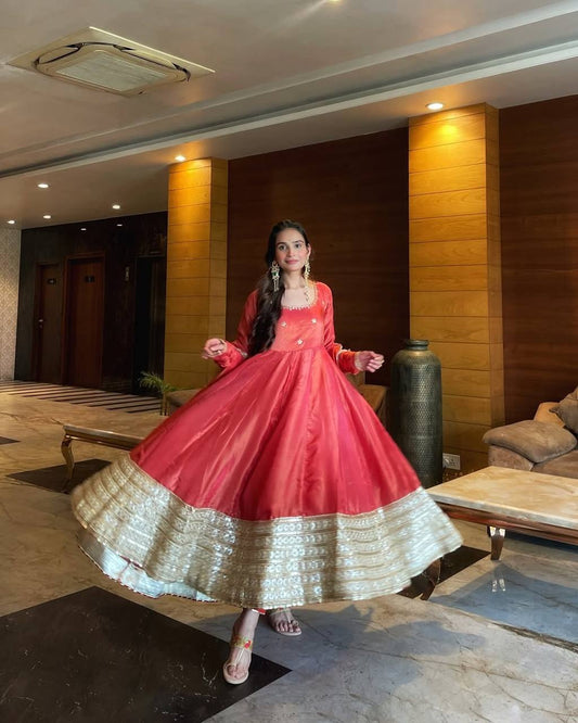 Red Silk Anarkali Suit With Gold Embroidery And Matching Dupatta