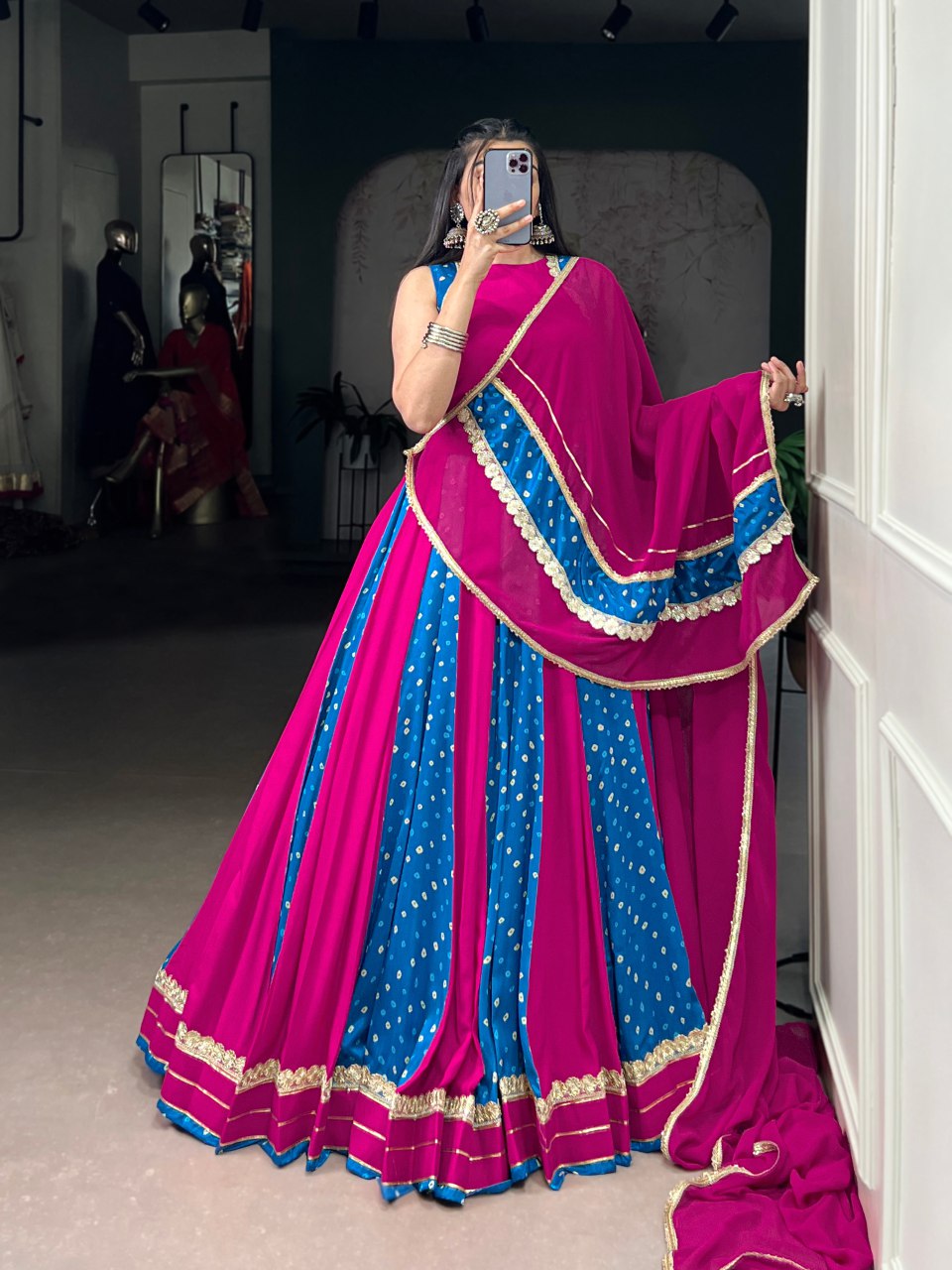 Magenta And Blue Bandhani Lehenga Choli With Mirror Lace Dupatta