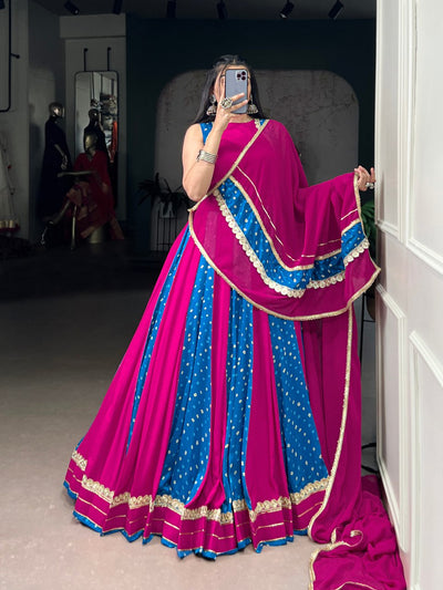 Magenta And Blue Bandhani Lehenga Choli With Mirror Lace Dupatta