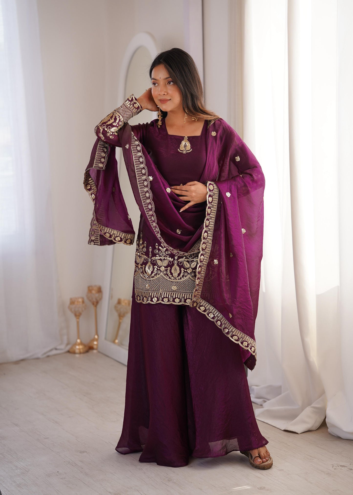 Heavy Gold Zari Embroidered Palazzo Suit Set With Dupatta
