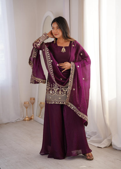 Heavy Gold Zari Embroidered Palazzo Suit Set With Dupatta