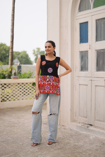 Black Sleeveless Gamthi Embroidered Top with Multicolor Mirror Work