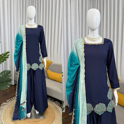 Navy Blue Farshi Suit With Sequnce Work And Shaded Dupatta