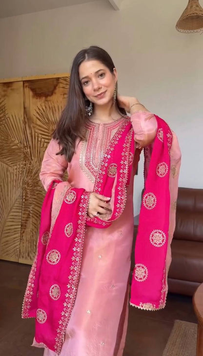 Peach Pink Embroidered Kurta Pant Set With Contrast Rani Pink Dupatta