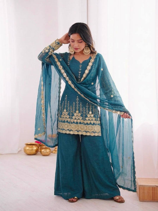 Teal Green Zari Embroidered Sharara Suit Set With Fendy Silk Dupatta