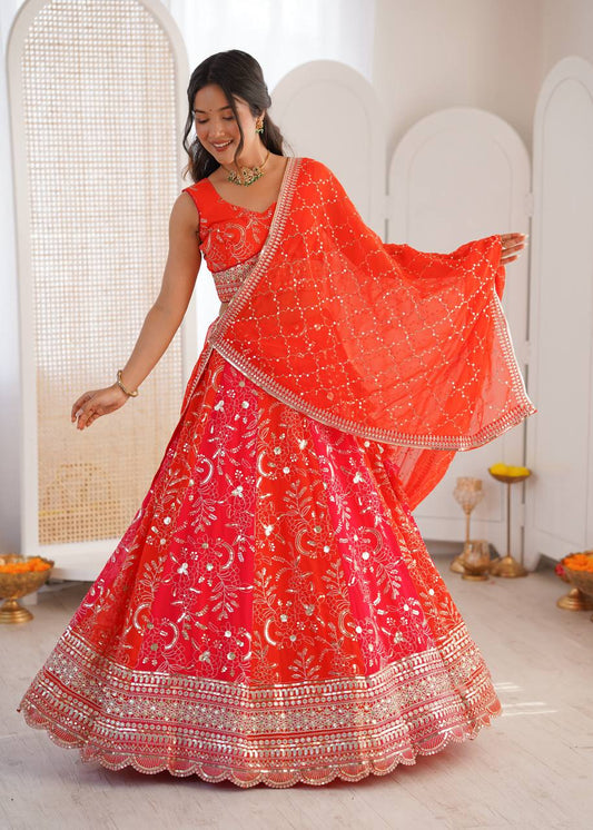 Orange-Red Dual Tone Embroidered Lehenga Choli Set With Sequin Dupatta – Bridal Festive Wear