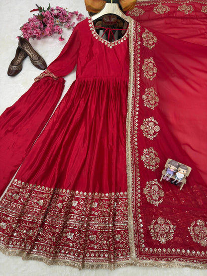 Royal Red Zari Embroidered Anarkali Gown Set With Dupatta