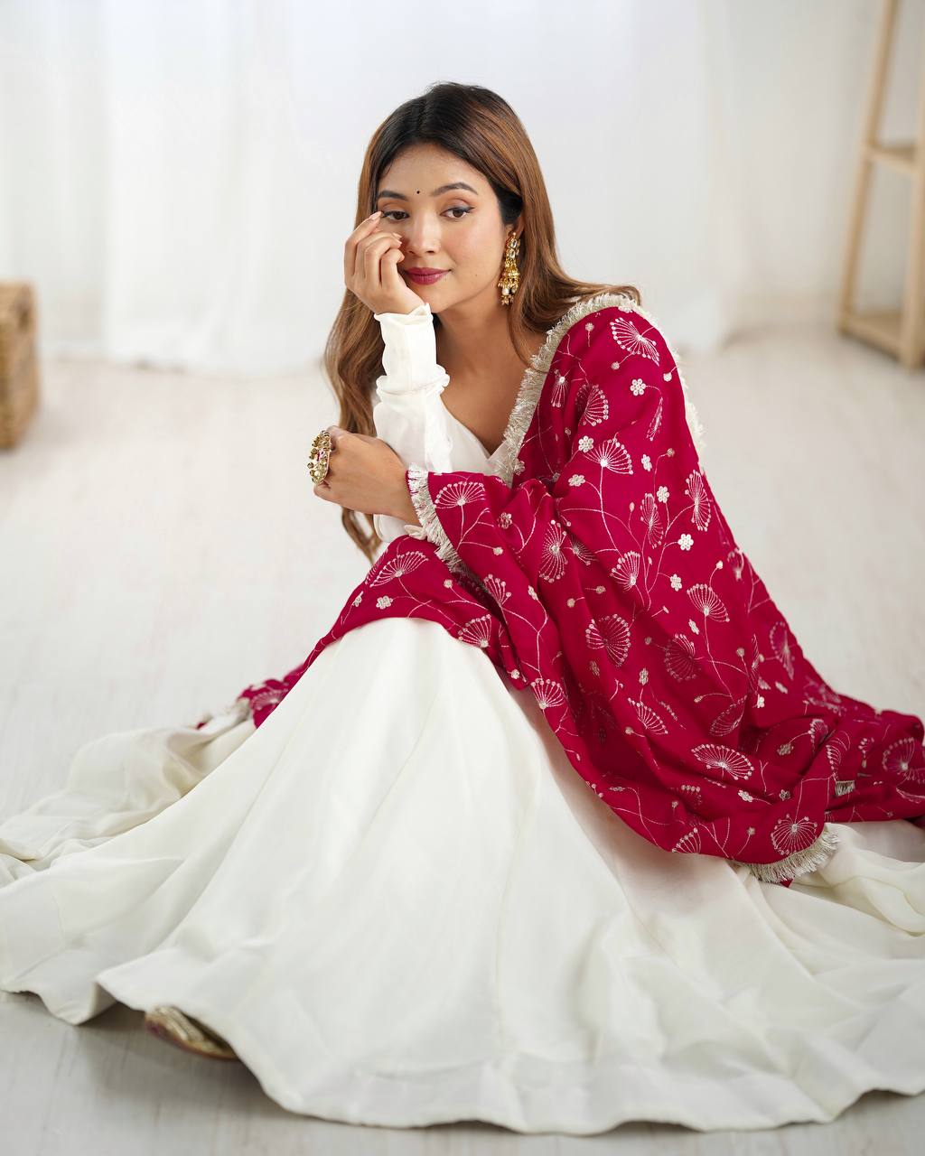 Elegant White Vichitra Silk Anarkali Set With Black Embroidered Dupatta