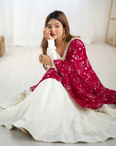Elegant White Vichitra Silk Anarkali Set With Black Embroidered Dupatta