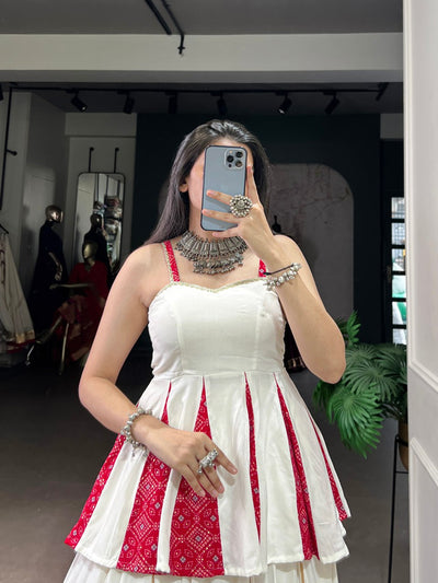 White And Red Peplum Style Lehenga With Multicolor Bandhani Border