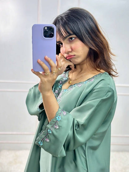 Teal Green Floral Embroidered Farshi Salwar With Bow Detail And Dupatta