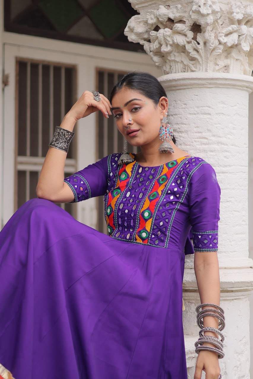 Gamthi Mirror Work Anarkali Gown With Multicolor Kutchi Patch Border