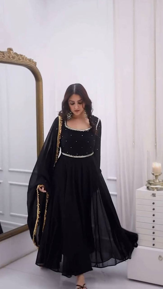 Black Georgette Anarkali Suit Work And Golden Lace Dupatta