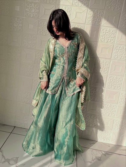 Elegant Green Sharara Suit With Gold Embroidery And Lace